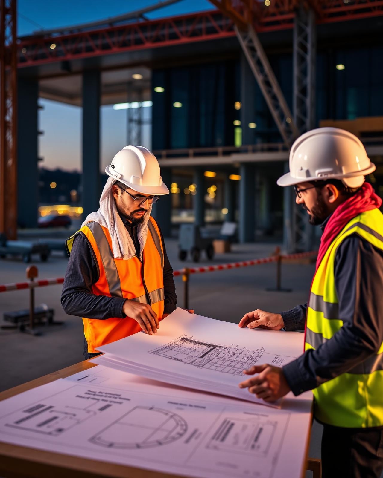 Engineers reviewing construction drawings on a Saudi project site